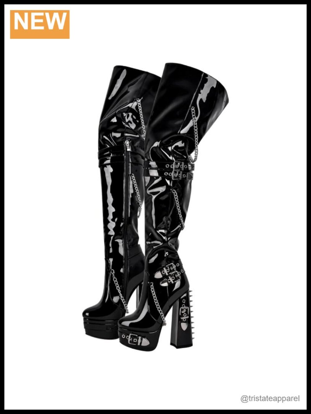 Over Knee Block Heel Boots Wide Calf Side Zip Rivet Chain Motorcycle